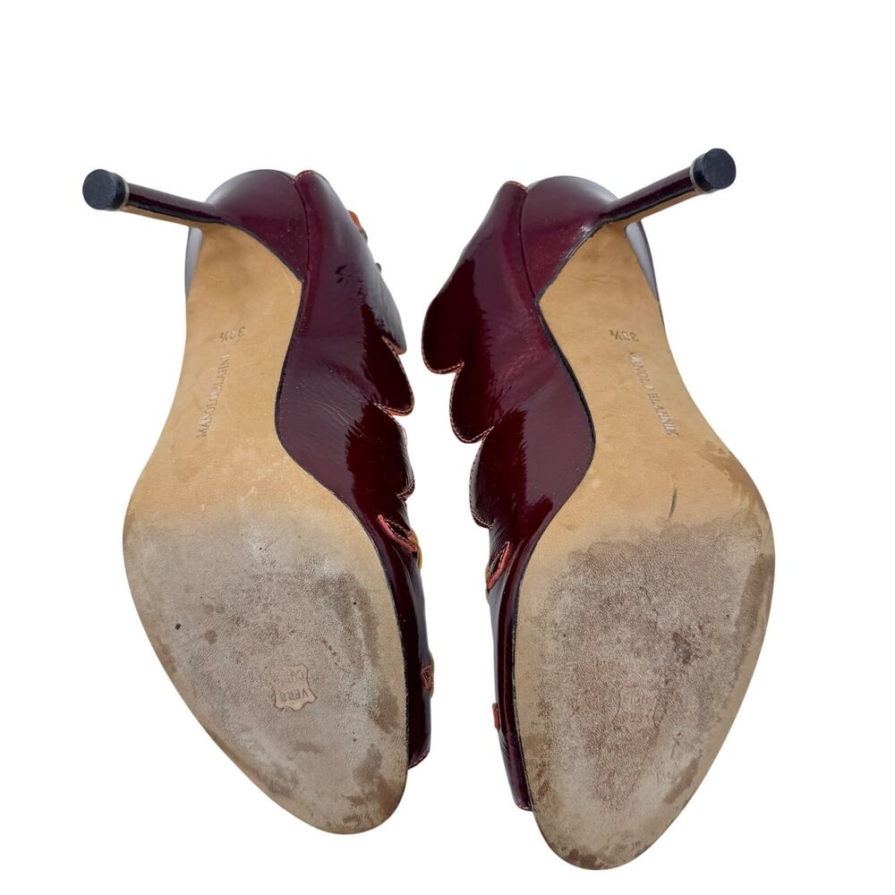 Manolo Blahnik Vintage Y2K Scalloped Patent Pump Burgundy Orange 38.5 - Picture 5 of 6